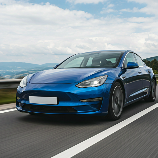 Professional photo of a vibrant Blue Model 3 on a scenic Romanian mountain road